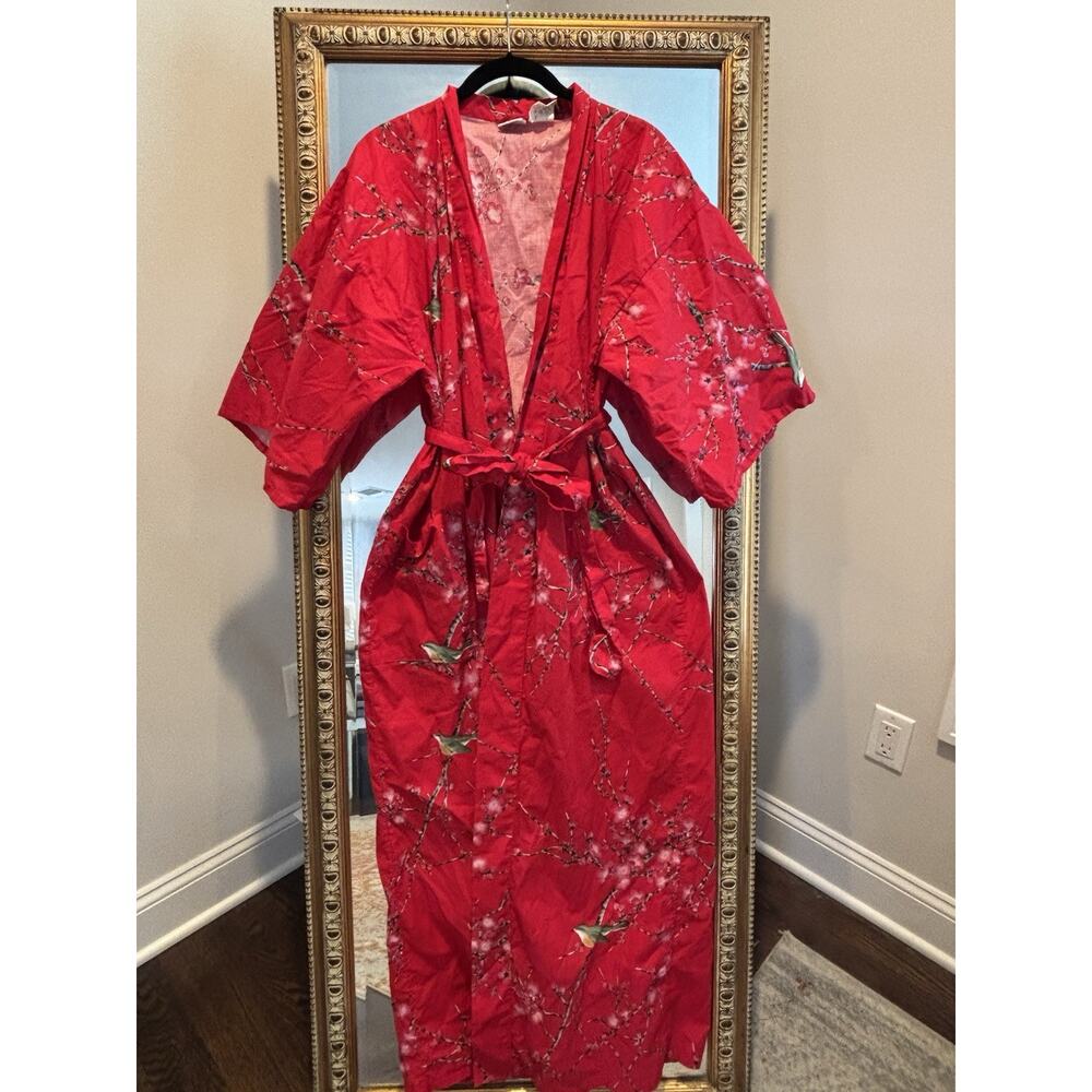 Smithsonian Cotton Red Cherry Blossom Robe. Tie, S